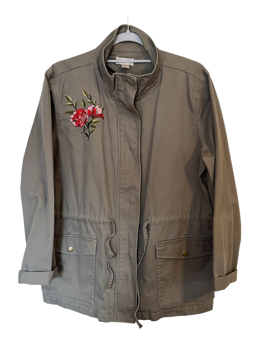 LOFT Olive Utility Jacket with Red Floral Embroidery XL